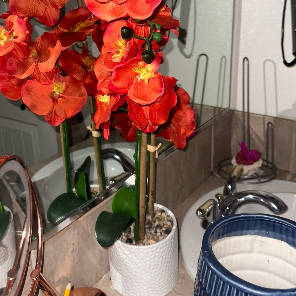 Red Orchid Flower in White Pot - Faux super cute way to add a pop of color